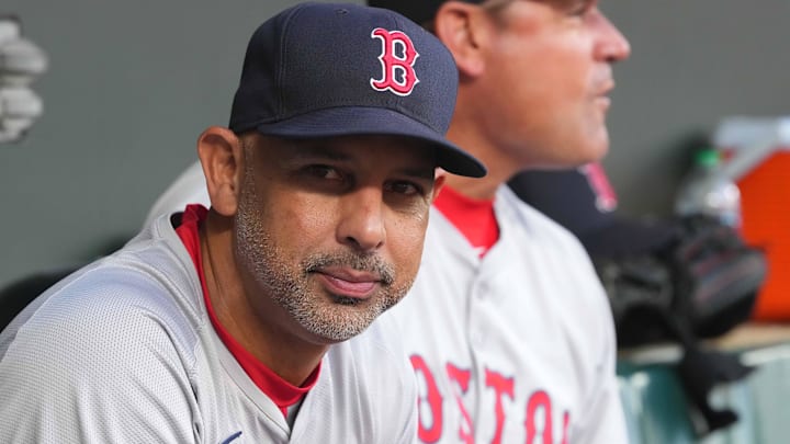 Boston Red Sox manager Alex Cora (left) and coach Andy Fox (right) prior to the game against the Baltimore Orioles at Oriole Park at Camden Yards.