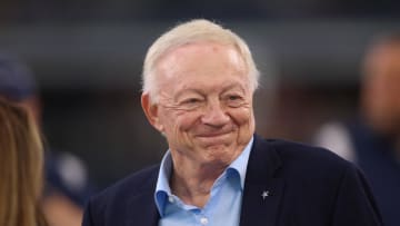 Aug 26, 2023; Arlington, Texas, USA; Dallas Cowboys owner Jerry Jones on the field before the game against the Las Vegas Raiders at AT&T Stadium. Mandatory Credit: Tim Heitman-USA TODAY Sports
