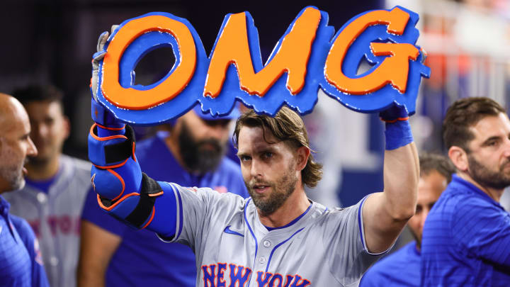 Jul 19, 2024; Miami, Florida, USA; New York Mets right fielder Jeff McNeil (1) celebrates after hitting a solo home run against the Miami Marlins during the fifth inning at loanDepot Park. Mandatory Credit: Sam Navarro-USA TODAY Sports