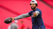 Aug 22, 2024; Kansas City, Missouri, USA; Chicago Bears quarterback Caleb Williams (18) warms up prior to a game against the Kansas City Chiefs at GEHA Field at Arrowhead Stadium. Mandatory Credit: Jay Biggerstaff-Imagn Images