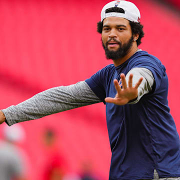 Aug 22, 2024; Kansas City, Missouri, USA; Chicago Bears quarterback Caleb Williams (18) warms up prior to a game against the Kansas City Chiefs at GEHA Field at Arrowhead Stadium. Mandatory Credit: Jay Biggerstaff-Imagn Images