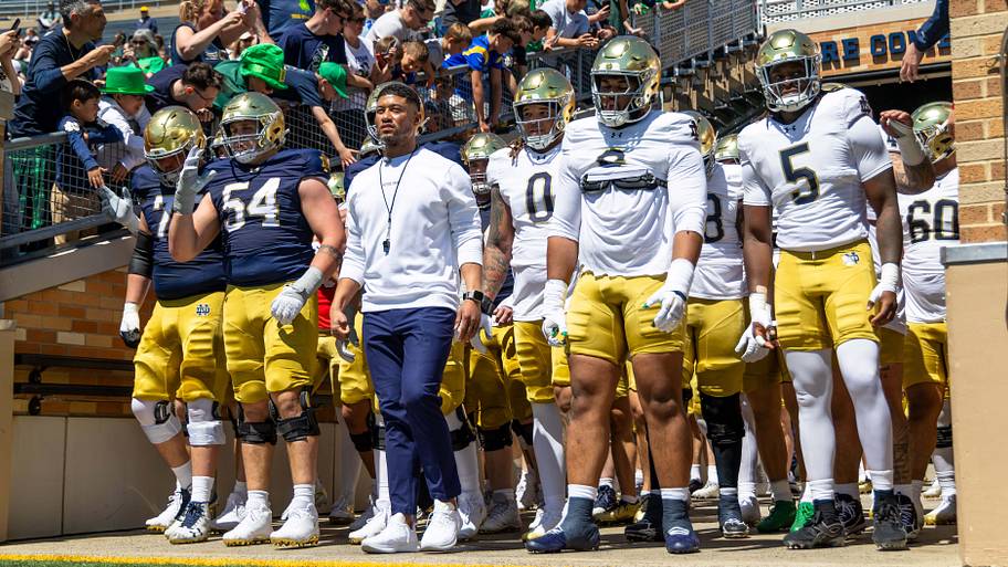 Notre Dame coach Marcus Freeman waits in the tunnel before the Blue-Gold game at Notre Dame Stadium. 
