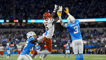 Nov 17, 2024; Inglewood, CA, USA; Los Angeles Chargers safety Derwin James Jr. (3) breaks up a deep pass to Cincinnati Bengals wide receiver Tee Higgins (5) as time expires in the fourth quarter at SoFi Stadium. Mandatory Credit: Sam Greene/USA TODAY Network via Imagn Images 
