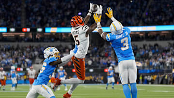Nov 17, 2024; Inglewood, CA, USA; Los Angeles Chargers safety Derwin James Jr. (3) breaks up a deep pass to Cincinnati Bengals wide receiver Tee Higgins (5) as time expires in the fourth quarter at SoFi Stadium. Mandatory Credit: Sam Greene/USA TODAY Network via Imagn Images 