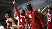 Oklahoma Sooners forward Jacolb Cole (24) celebrates alongside guard Kaden Cooper (4).