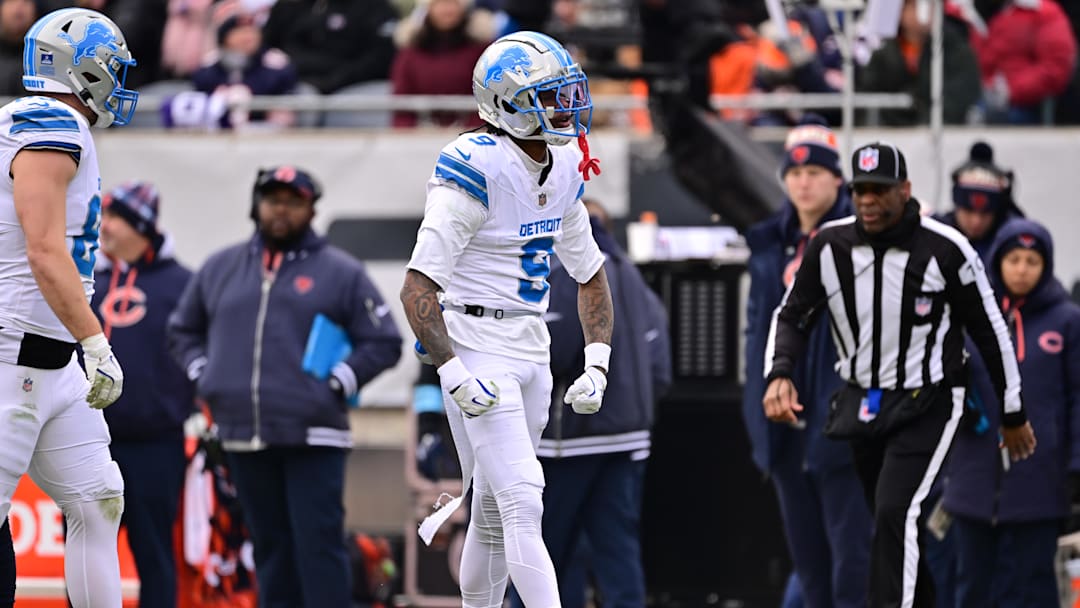 Dec 22, 2024; Chicago, Illinois, USA; Detroit Lions wide receiver Jameson Williams (9) celebrates after a reception against the Chicago Bears during the second quarter at Soldier Field. Mandatory Credit: Daniel Bartel-Imagn Images