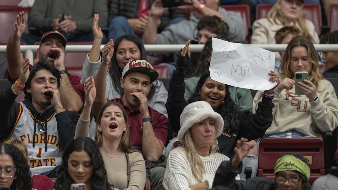 Jan 25, 2025; Stanford, California, USA;  Florida State Seminoles fans chant during the second half against the Stanford Cardinal at Maples Pavilion. Mandatory Credit: Stan Szeto-Imagn Images