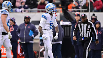 Dec 22, 2024; Chicago, Illinois, USA; Detroit Lions wide receiver Jameson Williams (9) celebrates after a reception against the Chicago Bears during the second quarter at Soldier Field. Mandatory Credit: Daniel Bartel-Imagn Images