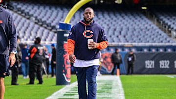 Nov 17, 2024; Chicago, Illinois, USA; Chicago Bears offensive coordinator Thomas Brown looks on before the game against the Green Bay Packers at Soldier Field. Mandatory Credit: Daniel Bartel-Imagn Images