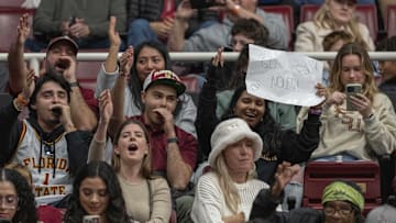 Jan 25, 2025; Stanford, California, USA;  Florida State Seminoles fans chant during the second half against the Stanford Cardinal at Maples Pavilion. Mandatory Credit: Stan Szeto-Imagn Images