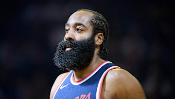 Apr 13, 2025; San Francisco, California, USA; LA Clippers guard James Harden (1) walks on the court against the Golden State Warriors during the first quarter at Chase Center. Mandatory Credit: Robert Edwards-Imagn Images