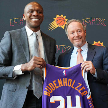 May 17, 2024; Phoenix, AZ, USA; Mike Budenholzer poses alongside General Manager James Jones during a press conference to announce his job as head coach of the Phoenix Suns. Mandatory Credit: Joe Camporeale-Imagn Images