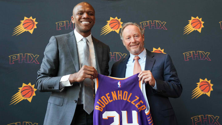 May 17, 2024; Phoenix, AZ, USA; Mike Budenholzer poses alongside General Manager James Jones during a press conference to announce his job as head coach of the Phoenix Suns. Mandatory Credit: Joe Camporeale-USA TODAY Sports