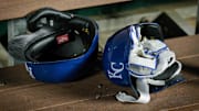 Apr 10, 2024; Kansas City, Missouri, USA; Kansas City Royals batting helmets in the dugout after the game against the Houston Astros at Kauffman Stadium. Mandatory Credit: William Purnell-Imagn Images
