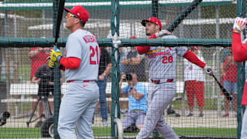 Feb 17, 2025; Jupiter, FL, USA;  St. Louis Cardinals third baseman Nolan Arenado (28) takes live batting practice at spring training. Mandatory Credit: Jim Rassol-Imagn Images