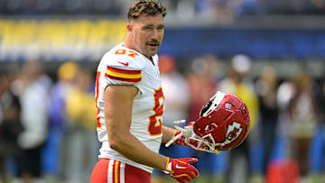 Kansas City Chiefs tight end Travis Kelce (87) looks on prior to the game against the Los Angeles Chargers at SoFi Stadium.