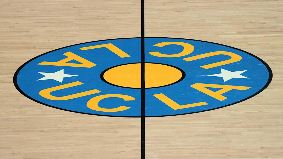 Dec 17, 2024; Los Angeles, California, USA; The UCLA Bruins logo at midcourt at Pauley Pavilion presented by Wescom. Mandatory Credit: Kirby Lee-Imagn Images