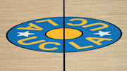 Dec 17, 2024; Los Angeles, California, USA; The UCLA Bruins logo at midcourt at Pauley Pavilion presented by Wescom. Mandatory Credit: Kirby Lee-Imagn Images