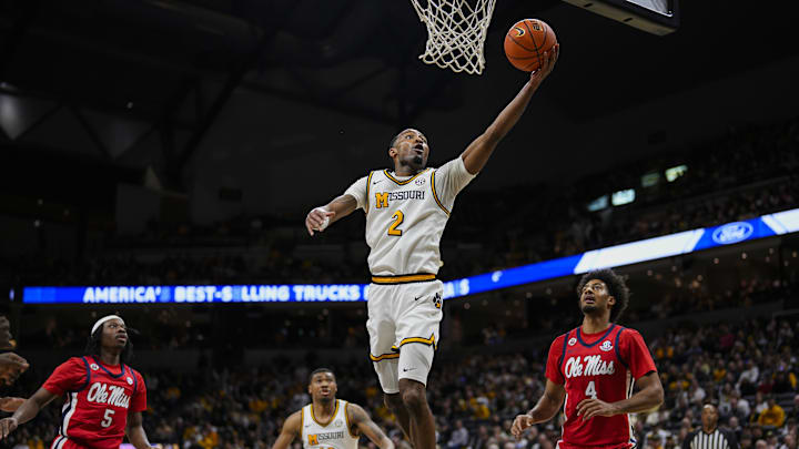 Jan 25, 2025; Columbia, Missouri, USA; Missouri Tigers guard Tamar Bates (2) shoots during the first half against the Mississippi Rebels at Mizzou Arena. Mandatory Credit: Jay Biggerstaff-Imagn Images