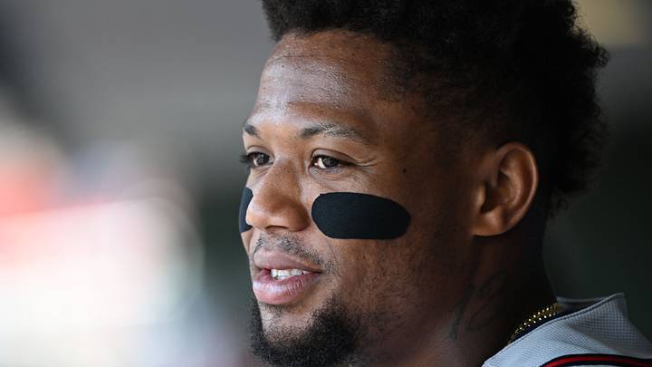 Sep 7, 2026; Philadelphia, Pennsylvania, USA; Atlanta Braves outfielder Ronald Acuna Jr. (13) in the dugout against the Philadelphia Phillies at Citizens Bank Park. Mandatory Credit: Eric Hartline-Imagn Images