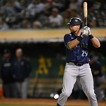 Seattle Mariners catcher Cal Raleigh (29) prepares to bat against the Oakland Athletics in the seventh inning at Oakland-Alameda County Coliseum on Sept 4.