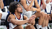 Oct 5, 2024; Spokane, WA, USA; Gonzaga Bulldogs guard Braeden Smith (3) looks on during the three-point contest during Kraziness at the Kennel at the McCarthey Athletic Center.
