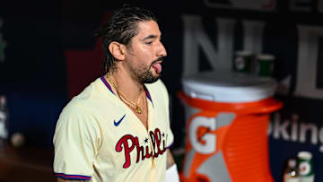 Philadelphia Phillies outfielder Nick Castellanos reacts after game two of the NLDS against the New York Mets for the 2024 MLB Playoffs at Citizens Bank Park. Mandatory Credit: Kyle Ross-Imagn Images