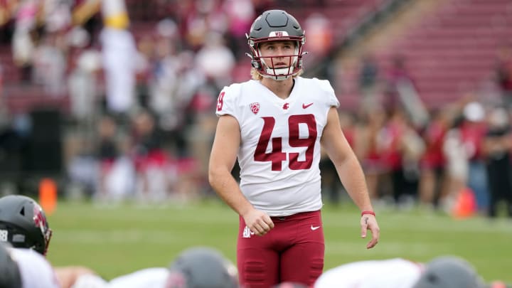 Nov 5, 2022; Stanford, California, USA; Washington State Cougars place kicker Dean Janikowski (49) prepares to kick an extra point against the Stanford Cardinal during the first quarter at Stanford Stadium. Mandatory Credit: Darren Yamashita-USA TODAY Sports