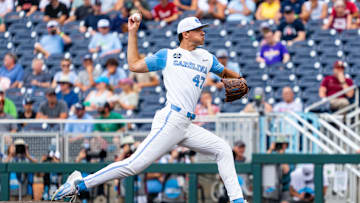 Jun 18, 2024; Omaha, NE, USA; North Carolina Tar Heels starting pitcher Aidan Haugh (47) pitches against the Florida State Seminoles during the first inning at Charles Schwab Field Omaha. Mandatory Credit: Dylan Widger-Imagn Images