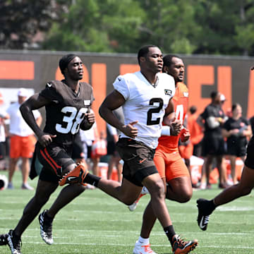 Aug 4, 2024; Cleveland Browns players including wide receiver Amari Cooper (2) runs springs at the end of practice at the Browns training facility in Berea, Ohio. Mandatory Credit: Bob Donnan-Imagn Images