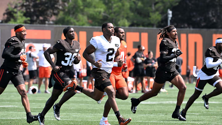 Aug 4, 2024; Cleveland Browns players including wide receiver Amari Cooper (2) runs springs at the end of practice at the Browns training facility in Berea, Ohio. Mandatory Credit: Bob Donnan-Imagn Images