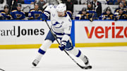 Nov 5, 2024; St. Louis, Missouri, USA;  Tampa Bay Lightning defenseman Victor Hedman (77) shoots against the Tampa Bay Lightning during the first period at Enterprise Center. Mandatory Credit: Jeff Curry-Imagn Images