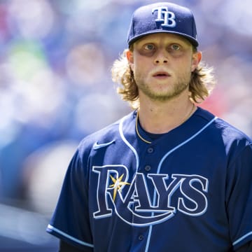 Tampa Bay Rays starting pitcher Shane Baz (11) looks on against the Toronto Blue Jays after the fourth inning at Rogers Centre in 2022.