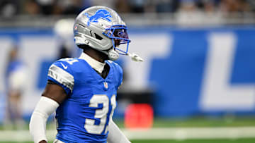 Sep 14, 2025; Detroit, Michigan, USA; Detroit Lions safety Kerby Joseph (31) celebrates after an interception against the Chicago Bears during the second quarter of the game at Ford Field. Mandatory Credit: Lon Horwedel-Imagn Images