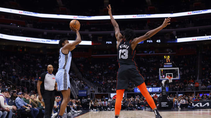 Memphis Grizzlies forward GG Jackson (45) shoots on Detroit Pistons center James Wiseman (13) in the second half at Little Caesars Arena.