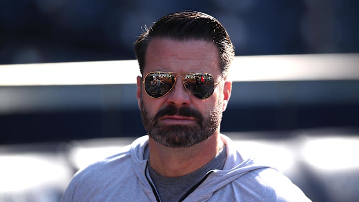 Oct 17, 2022; San Diego, CA, USA; San Diego Padres CEO Erik Greupner looks on during NLCS workouts at Petco Park. Mandatory Credit: Orlando Ramirez-Imagn Images