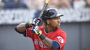 Cleveland, Ohio, USA; Cleveland Guardians third baseman Jose Ramirez (11) stands on deck in the third inning against the Colorado Rockies at Progressive Field.
