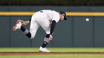 Tigers shortstop Trey Sweeney couldn't catch a single hit by Guardians' Steven Kwan during the 7th inning at Game 4 of ALDS at Comerica Park in Detroit on Thursday, Oct. 10, 2024.
