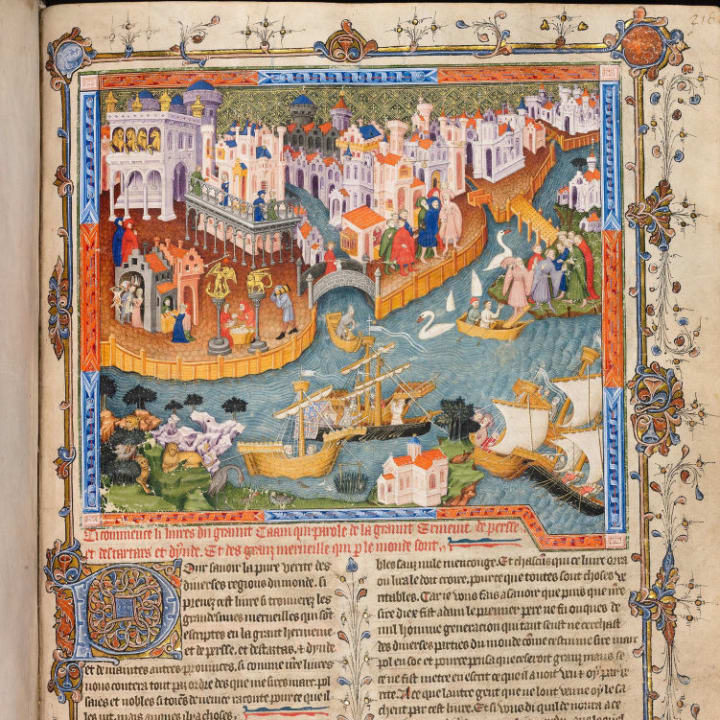 An illustrated manuscript page of Marco Polo's departure from Venice