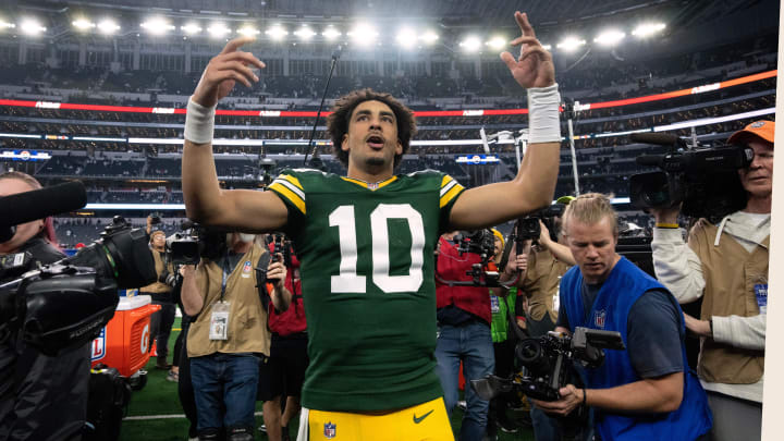 Green Bay Packers quarterback Jordan Love (10) leaves the field after their wild card playoff game