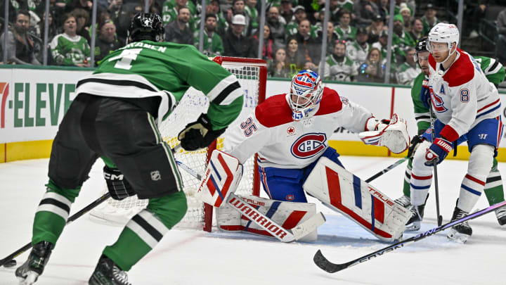 Jan 2, 2024; Dallas, Texas, USA; Montreal Canadiens goaltender Sam Montembeault (35) and defenseman