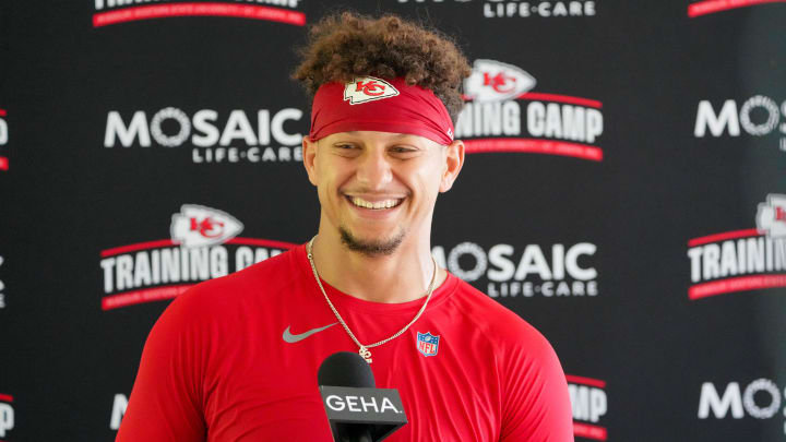 Chiefs quarterback Patrick Mahomes speaks to the media after training camp at Missouri Western State University. 