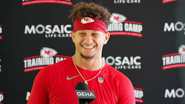 Jul 26, 2024; Kansas City, MO, USA; Kansas City Chiefs quarterback Patrick Mahomes (15) speaks to the media after training camp at Missouri Western State University. Mandatory Credit: Denny Medley-Imagn Images