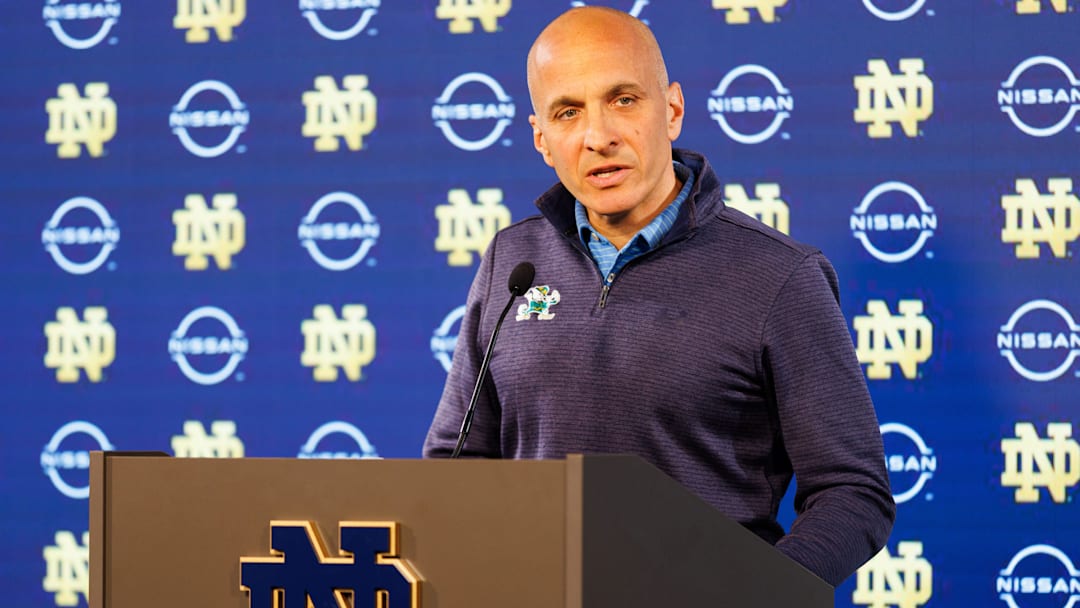 Pete Bevacqua, athletic director for the University of Notre Dame, announces Pat Garrity as the new men's and women's basketball general manager, during a press conference at Notre Dame Stadium on Thursday, May 22, 2025, in South Bend.