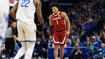 Jan 18, 2025; Lexington, Kentucky, USA; Alabama Crimson Tide guard Mark Sears (1) runs down the court after making a basket during the first half against the Kentucky Wildcats at Rupp Arena at Central Bank Center. Mandatory Credit: Jordan Prather-Imagn Images