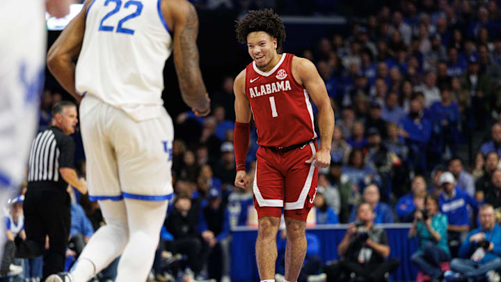 Jan 18, 2025; Lexington, Kentucky, USA; Alabama Crimson Tide guard Mark Sears (1) runs down the court after making a basket during the first half against the Kentucky Wildcats at Rupp Arena at Central Bank Center. Mandatory Credit: Jordan Prather-Imagn Images