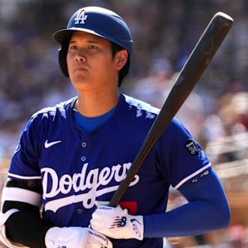 Mar 10, 2025; Phoenix, Arizona, USA; Los Angeles Dodgers two-way player Shohei Ohtani (17) bats against the Arizona Diamondbacks during the second inning at Camelback Ranch-Glendale. Mandatory Credit: Joe Camporeale-Imagn Images