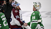 May 3, 2025; Dallas, Texas, USA; Colorado Avalanche goaltender Mackenzie Blackwood (39) shakes hands with Dallas Stars goaltender Jake Oettinger (29) after the Stars defeats the Avalanche in game seven of the first round of the 2025 Stanley Cup Playoffs at American Airlines Center. Mandatory Credit: Jerome Miron-Imagn Images