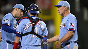 Sep 7, 2025; Arlington, Texas, USA; Texas Rangers manager Bruce Bochy (15) takes the ball from starting pitcher Patrick Corbin (46) during the sixth inning against the Houston Astros at Globe Life Field. 