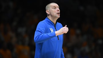 Mar 28, 2025; Indianapolis, IN, USA;Kentucky Wildcats head coach Mark Pope in the first half during a Midwest Regional semifinal of the 2025 NCAA tournament at Lucas Oil Stadium. Mandatory Credit: Robert Goddin-Imagn Images